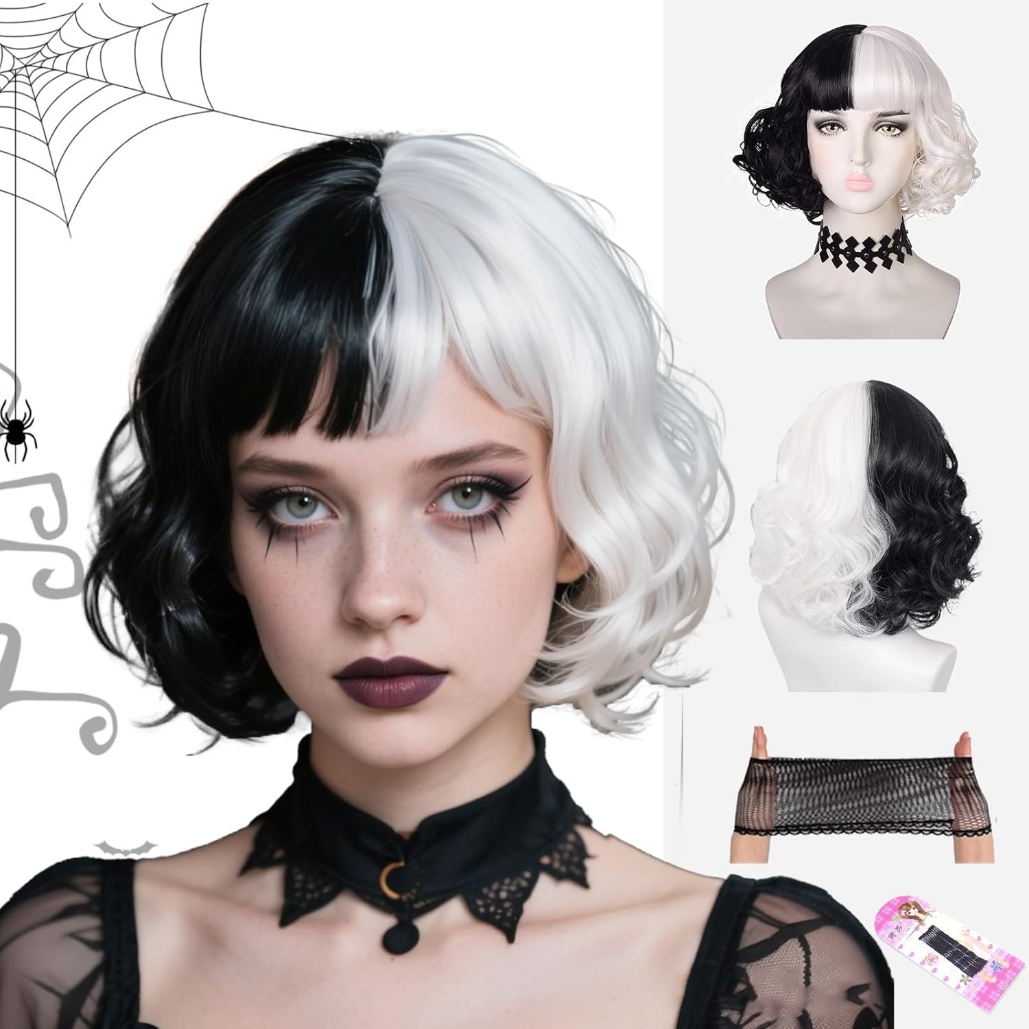 Perruque Cruella noire et blanche ondulée 35 cm avec filet
