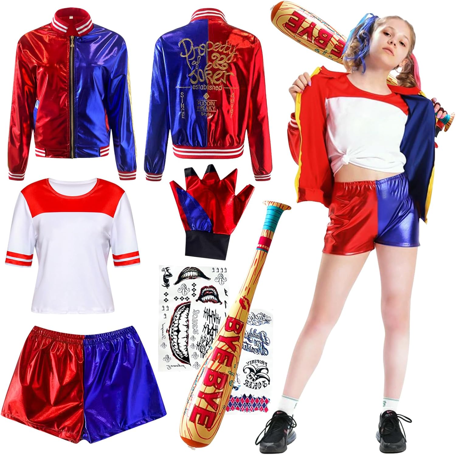 Costume enfant Harley Quinn Squad avec veste, gants et batte gonflable