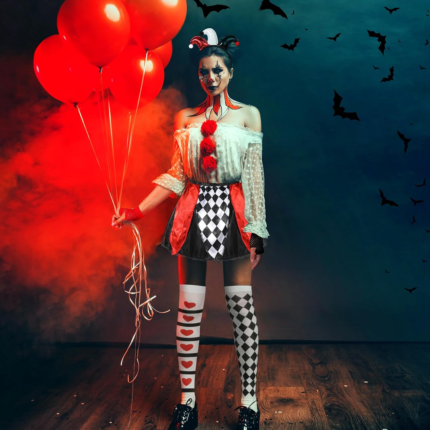 Déguisement clown femme Halloween 5 pièces arlequin avec tutu et strass visage – Image 7