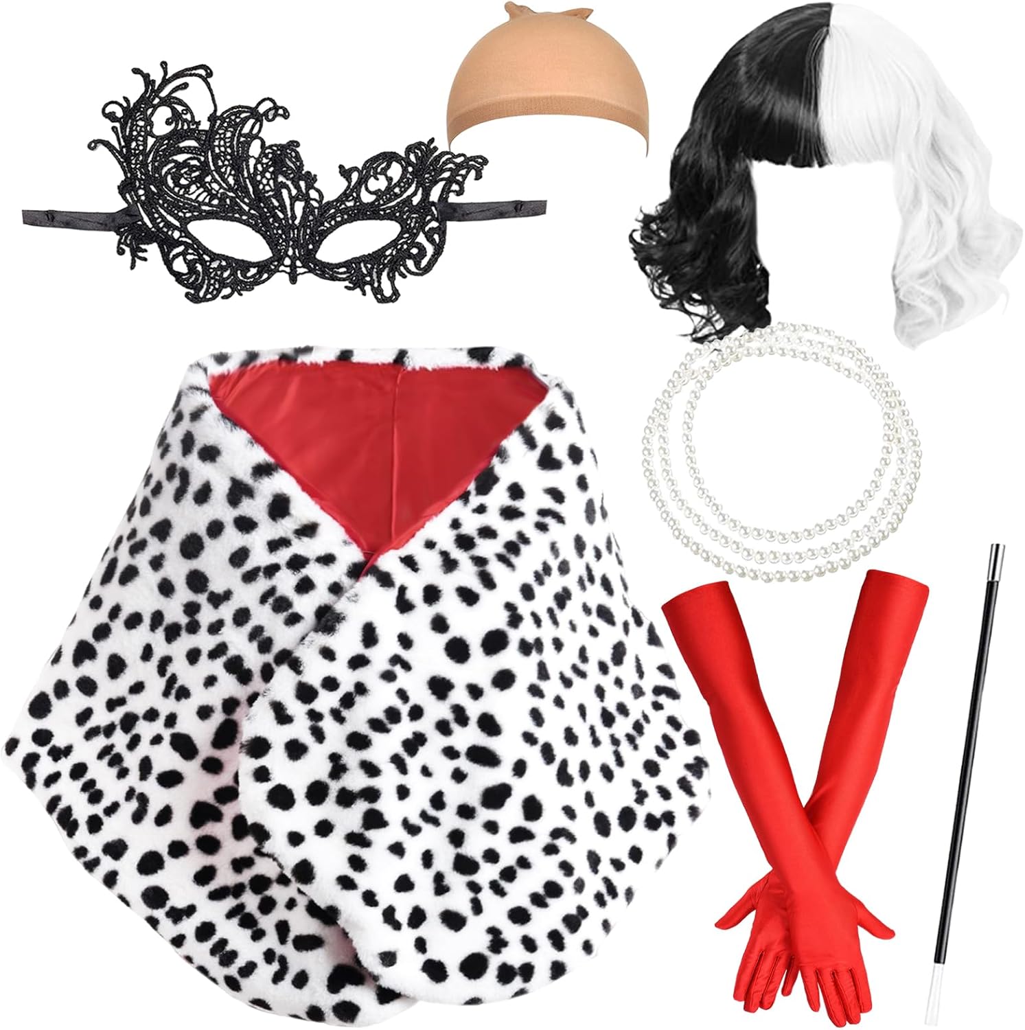 Costume Cruella femme noir et blanc style 1920 avec perruque et masque