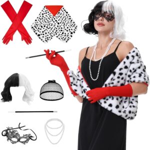 Set cosplay Cruella femme avec perruque noire et blanche