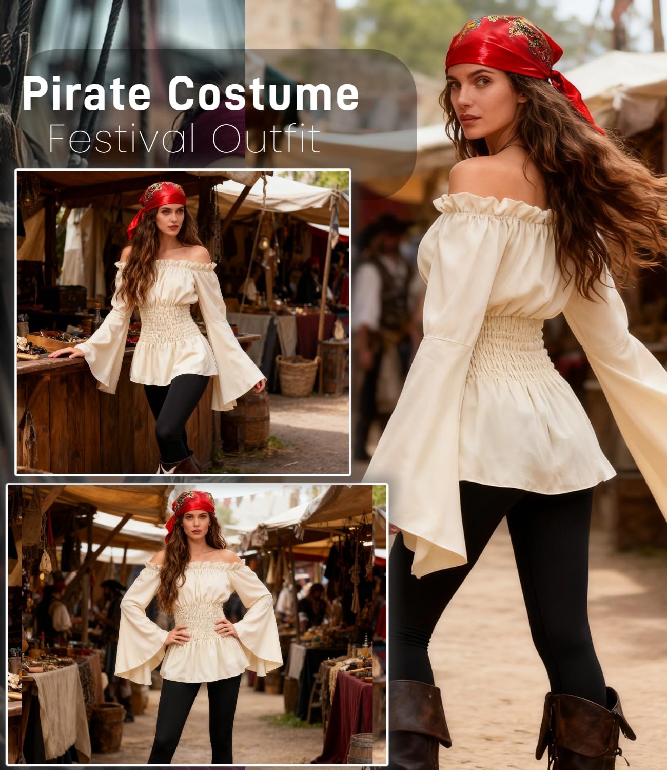 Costume pirate médiéval femme Kasahara avec corset et épaules dénudées – Image 3