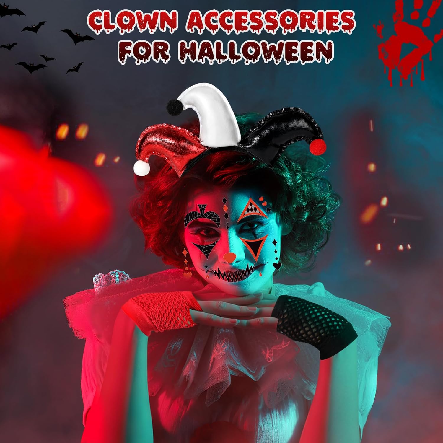 Déguisement clown femme Halloween 5 pièces arlequin avec tutu et strass visage – Image 5