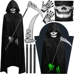Costume de Faucheur noir à capuchon avec faux, masque crâne et gants