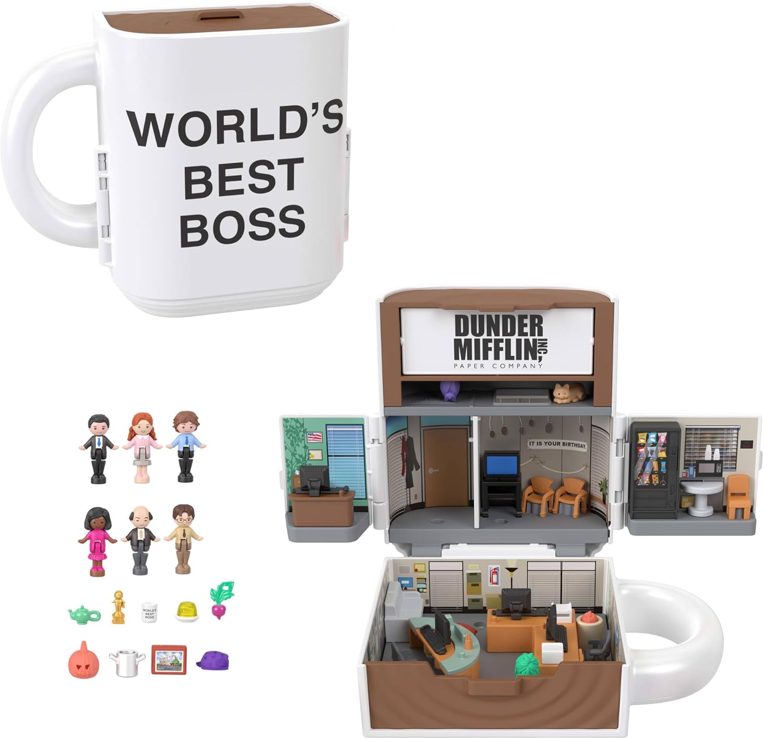 Polly Pocket The Office, coffret mug avec 6 figurines et 9 accessoires