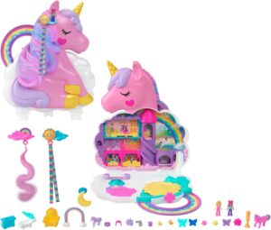 Coffret Polly Pocket Licorne Arc-en-ciel avec tête à coiffer, 2 mini-figurines et plus de 20 accessoires
