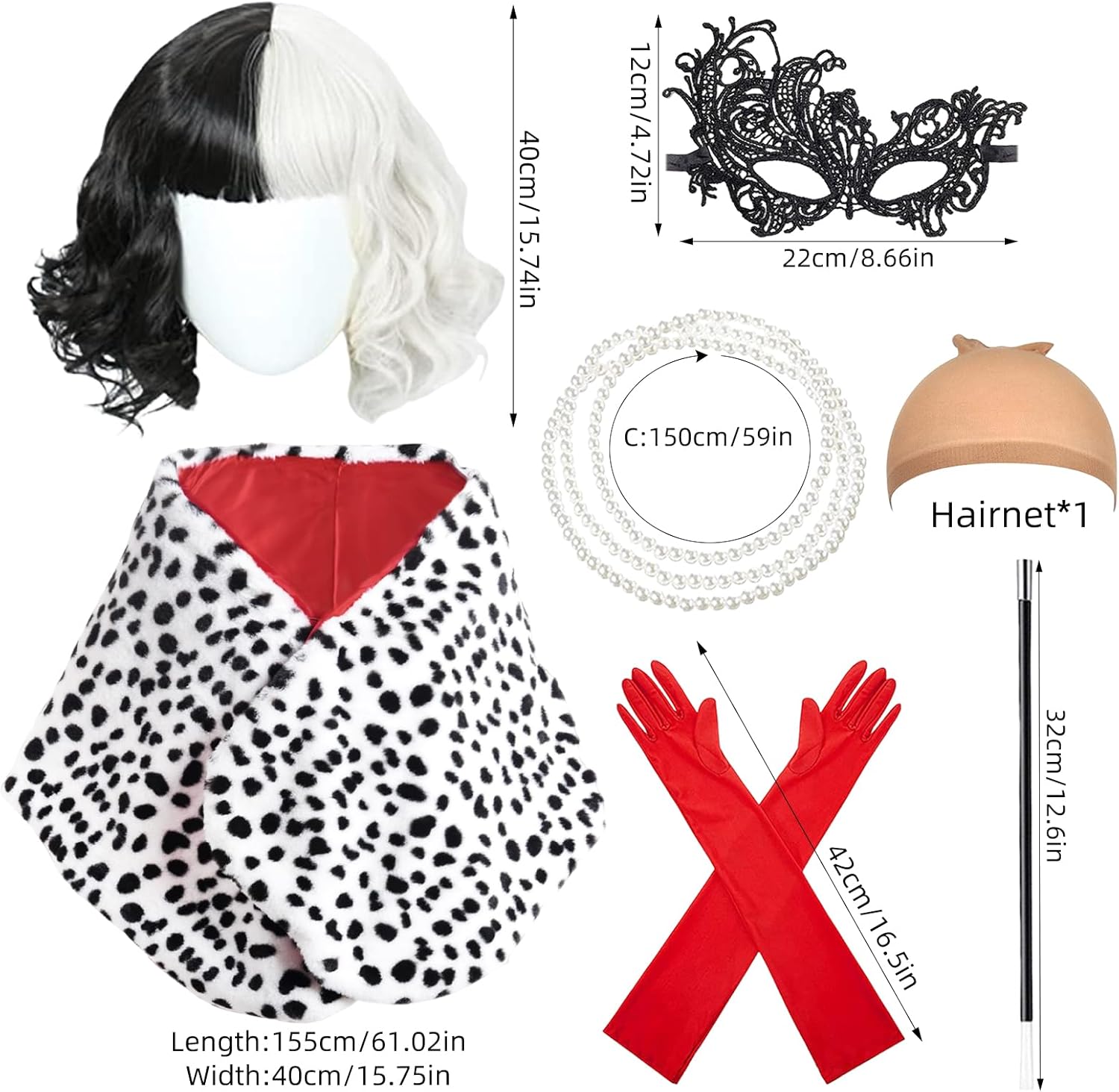 Déguisement Cruella femme 7 pièces avec perruque noir blanc – Image 2