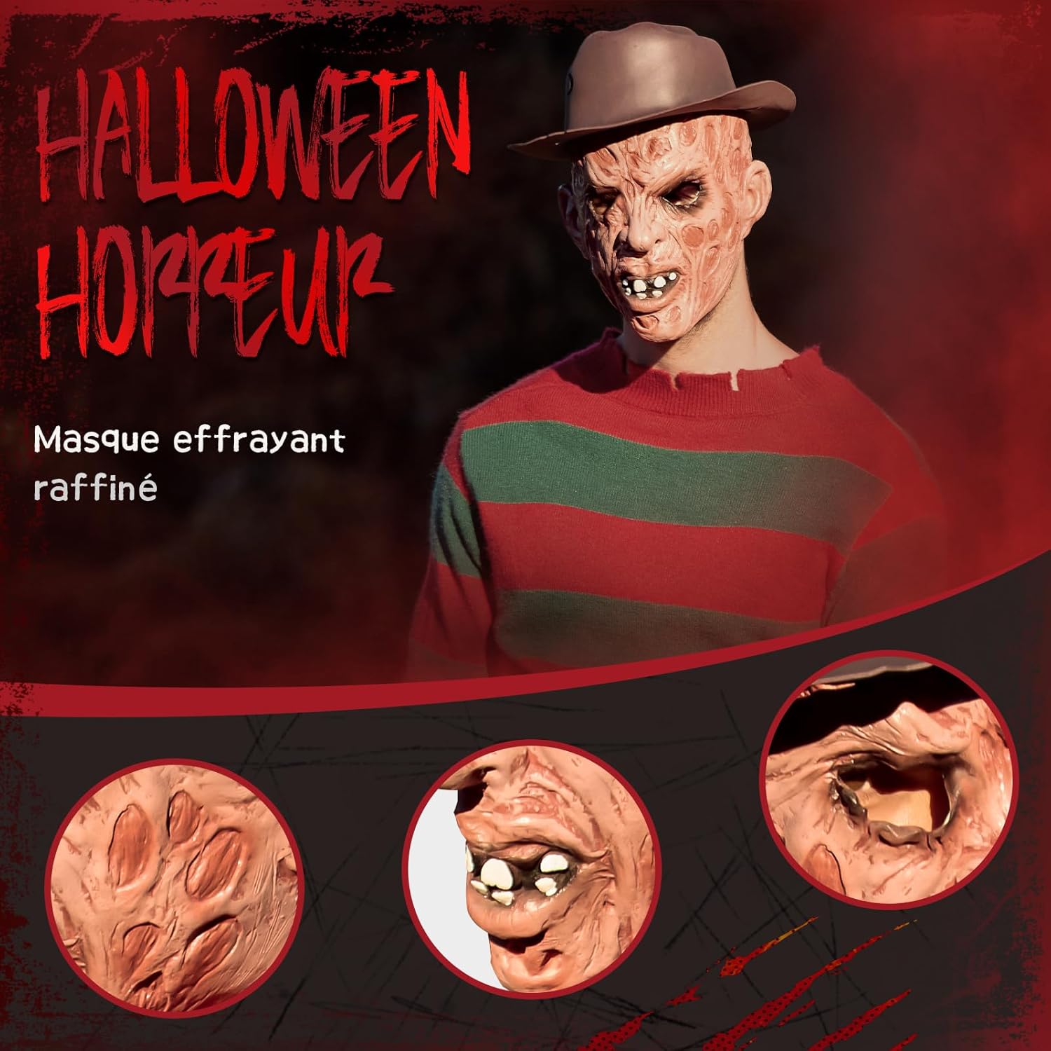 Kit de déguisement Freddy Krueger homme avec pull à rayures, chapeau et gant, 4 pièces – Image 5