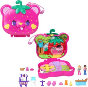 Polly Pocket Ourson Fraise, coffret jardin avec 2 mini figurines et 12 accessoires