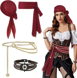 Accessoires de costume pirate médiéval femme rouge, lot de 4