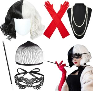 Perruque courte noire et blanche Cruella avec masque et gants