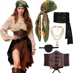 kasahara Déguisement pirate médiéval femme vert avec corset et accessoires