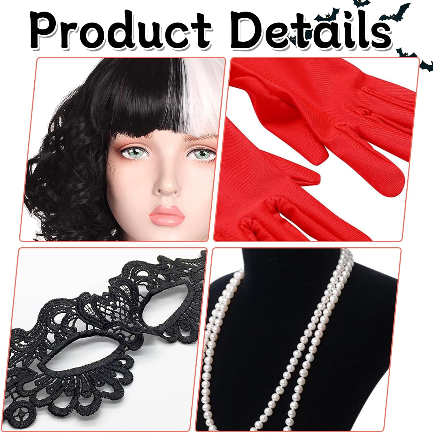 Perruque Cruella noire et blanche avec masque en dentelle et gants – Image 3