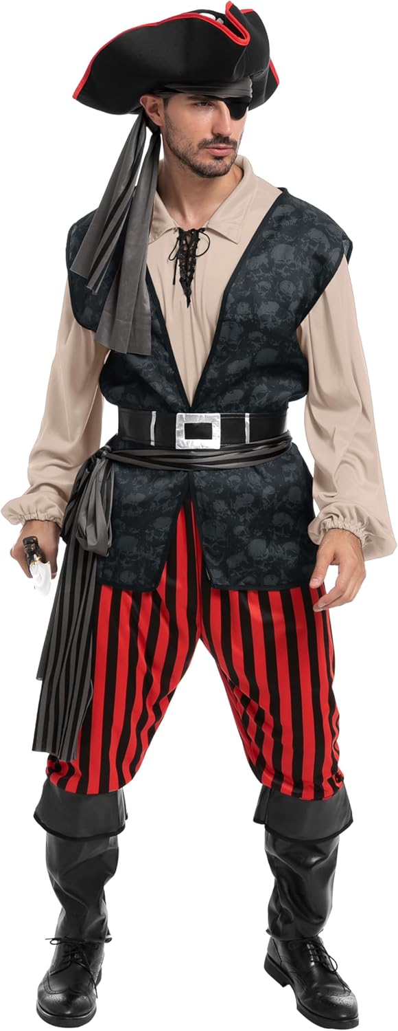 Costume de pirate Capitaine Crochet pour homme avec chemise kaki et accessoires – Image 8