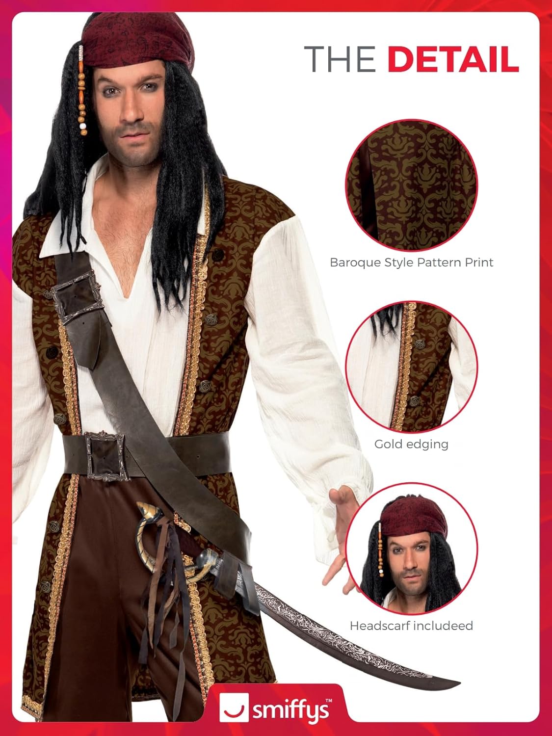 Costume pirate de haute mer Smiffys marron avec baudrier et foulard – Image 5