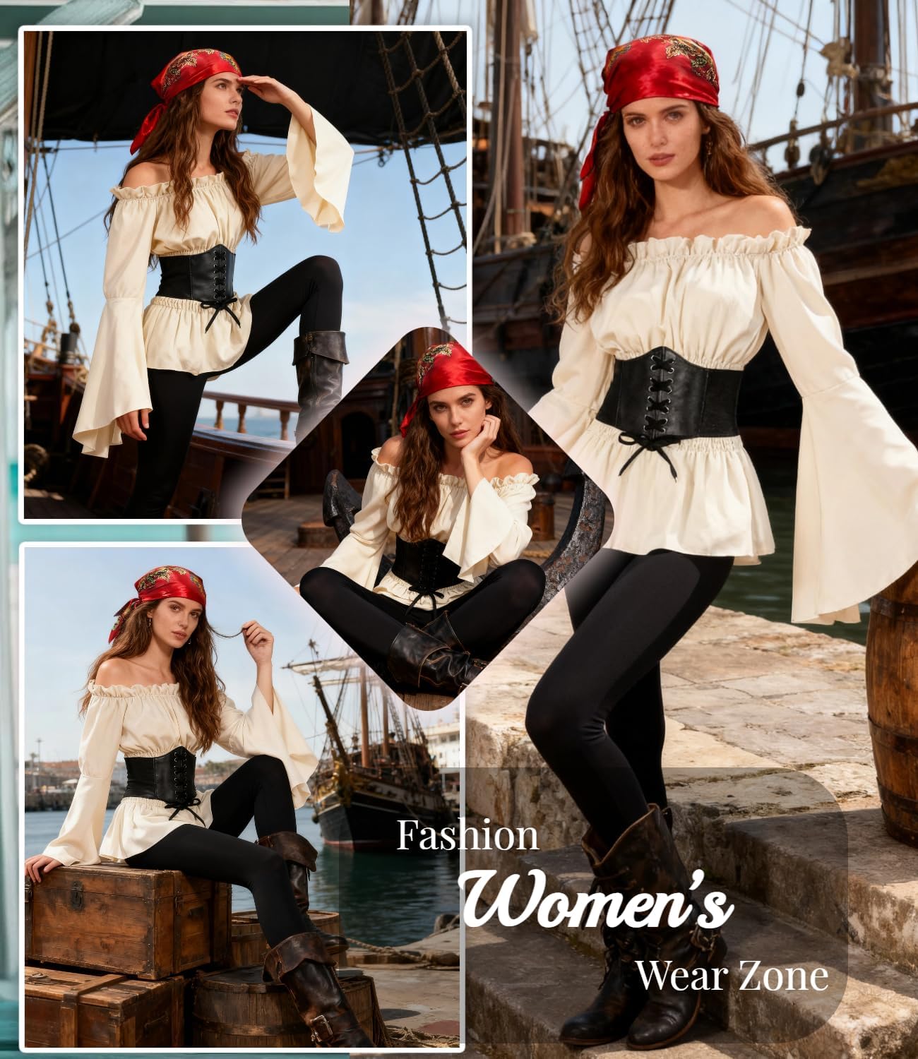 Costume pirate médiéval femme Kasahara avec corset et épaules dénudées – Image 2