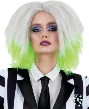 Perruque Beetlejuice femme mi-longue ondulée vert fluo et gris