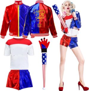 Costume cosplay Harley Quinn femme XXL avec veste, T-shirt, short, gants et batte de baseball