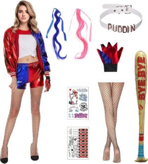 Déguisement Harley Quinn femme avec veste, short et perruques