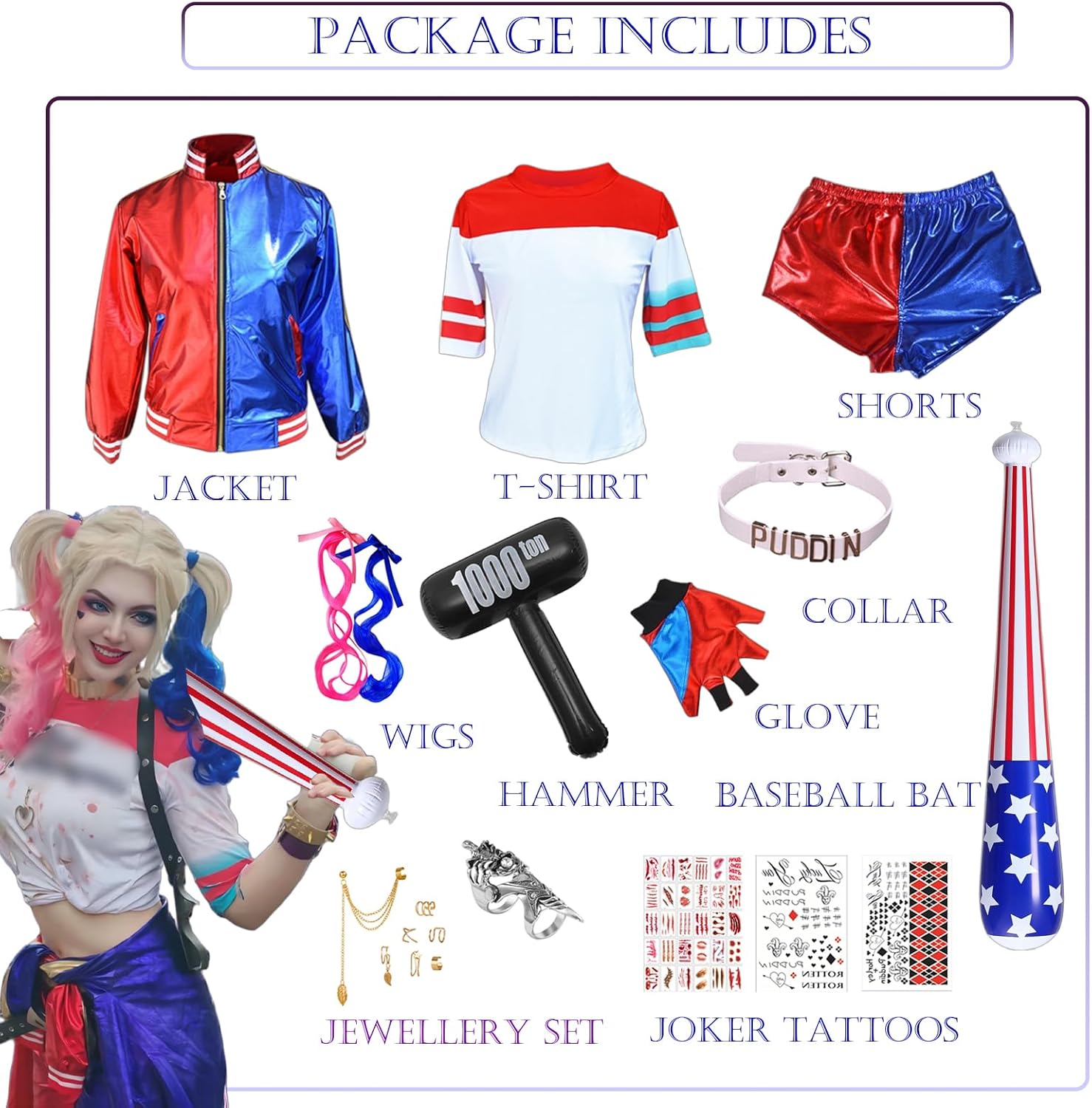 Costume Harley Quinn fille avec veste, t-shirt et short – Image 5