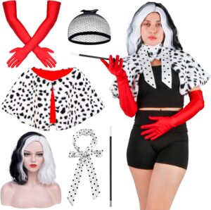 Ensemble Cruella avec châle en peluche et perruque noire blanche