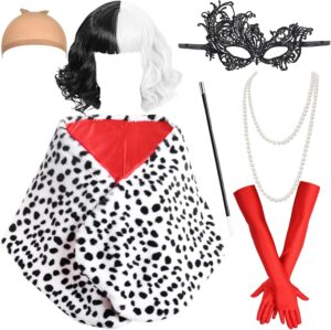 Déguisement Cruella femme 7 pièces avec perruque noir blanc