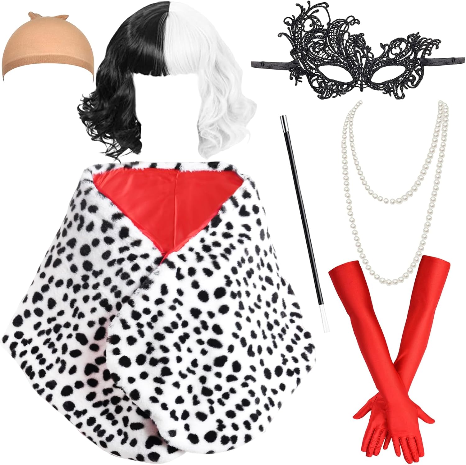 Déguisement Cruella femme 7 pièces avec perruque noir blanc