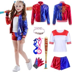 Costume Harley Quinn fille avec perruque et veste, lot de 7 pièces