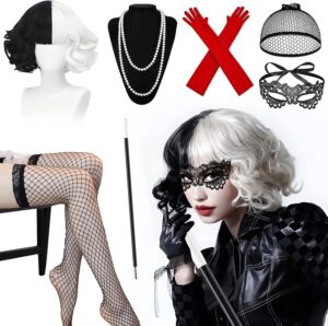 Accessoires Cruella avec perruque courte noire et blanche, masque en dentelle et bas résille