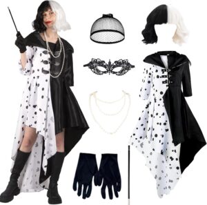 Déguisement Cruella adulte avec robe à pois noire et blanche et accessoires