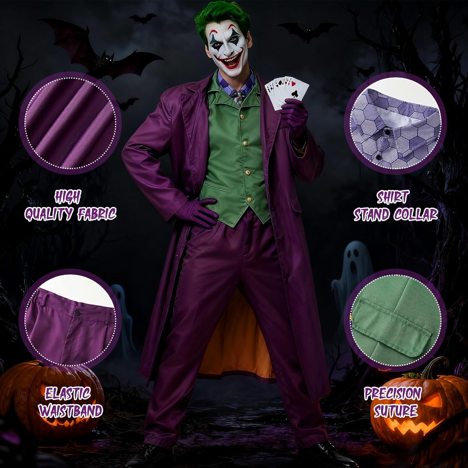 Déguisement Joker violet pour homme avec manteau, gilet et accessoires – Image 4