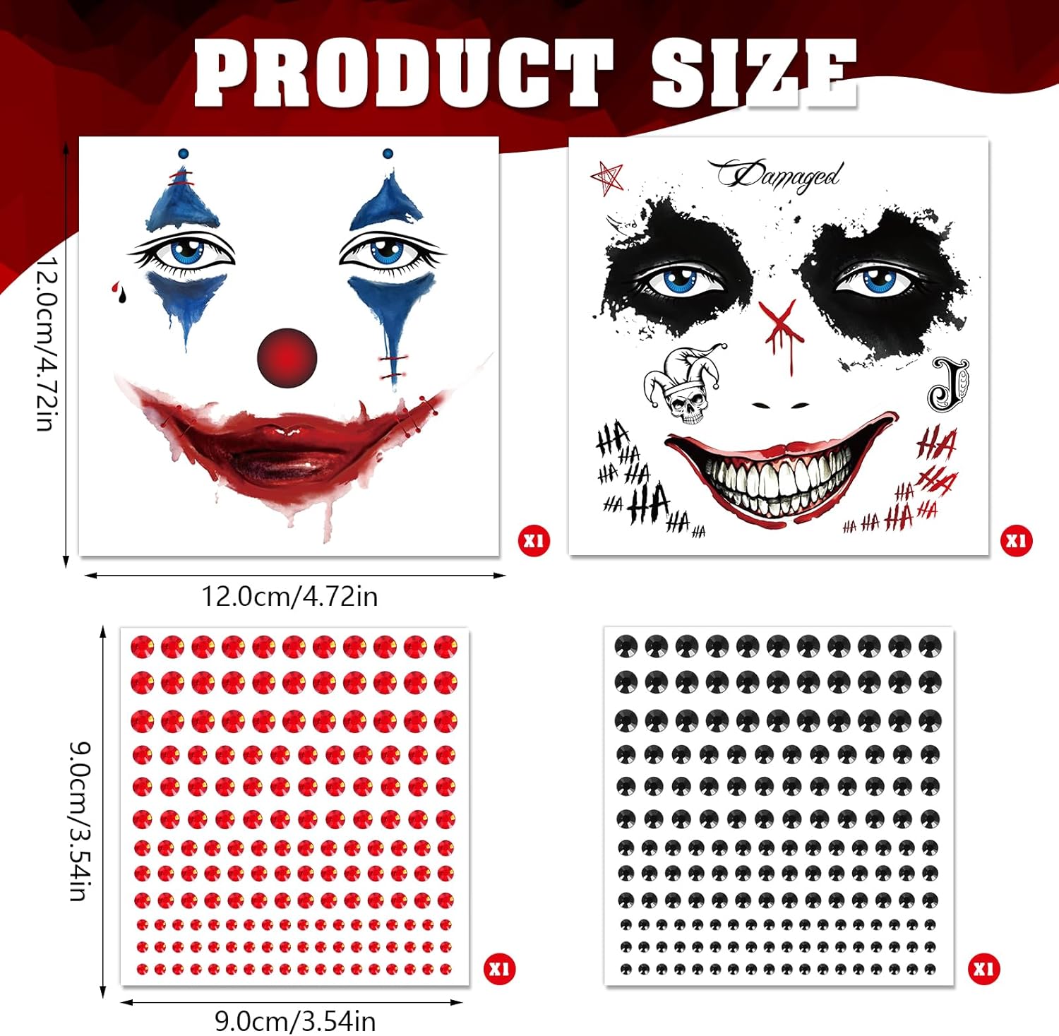 Tatouage visage Joker avec strass, kit Halloween 2 planches – Image 2