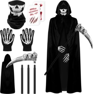 Costume de Faucheuse Halloween avec cape à capuche 150, masque de crâne et faucille