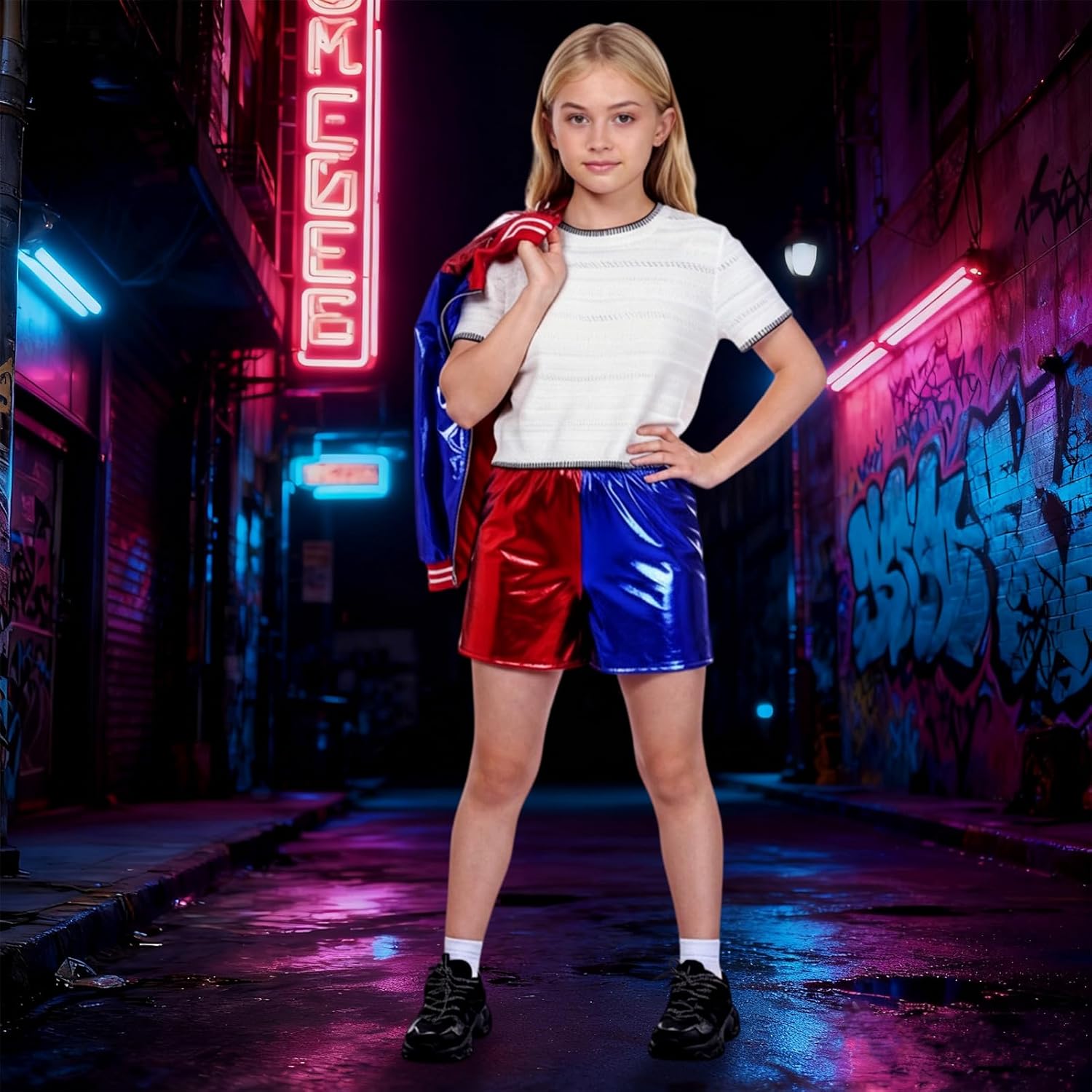 Costume enfant Harley Quinn avec veste, T-shirt et short – Image 7