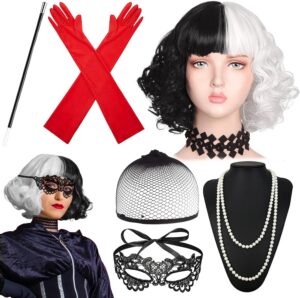 Perruque Cruella noire et blanche avec masque en dentelle et gants