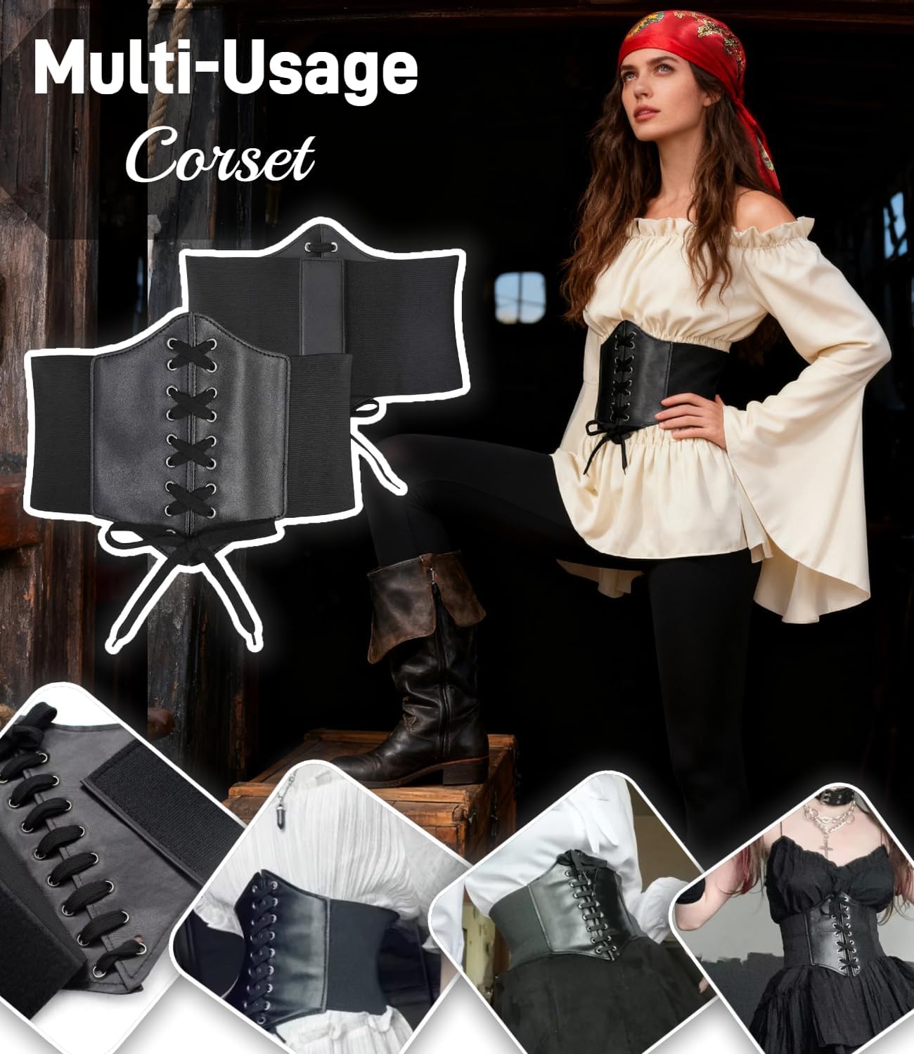 Costume pirate médiéval femme Kasahara avec corset et épaules dénudées – Image 5