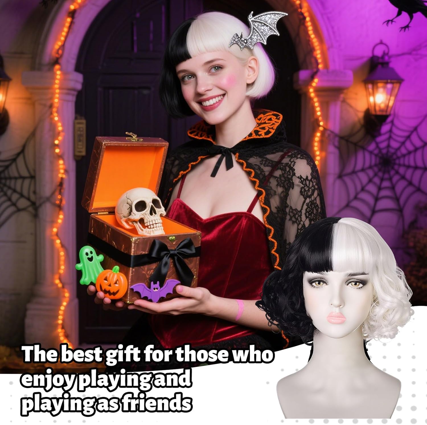 Perruque Cruella noire et blanche ondulée 35 cm avec filet – Image 4