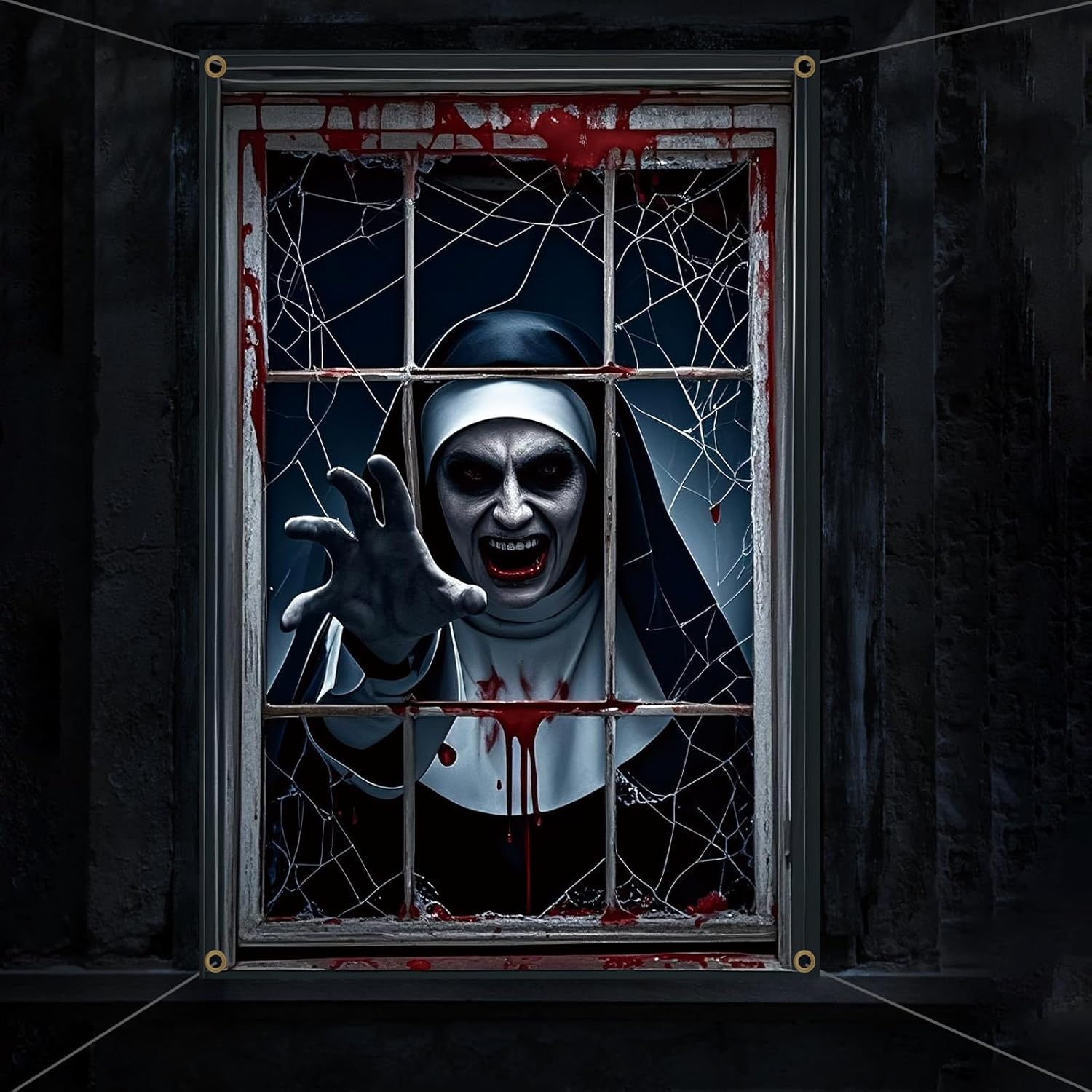 Bannière Halloween nonne zombie pour porte ou fenêtre 120 x 80 cm