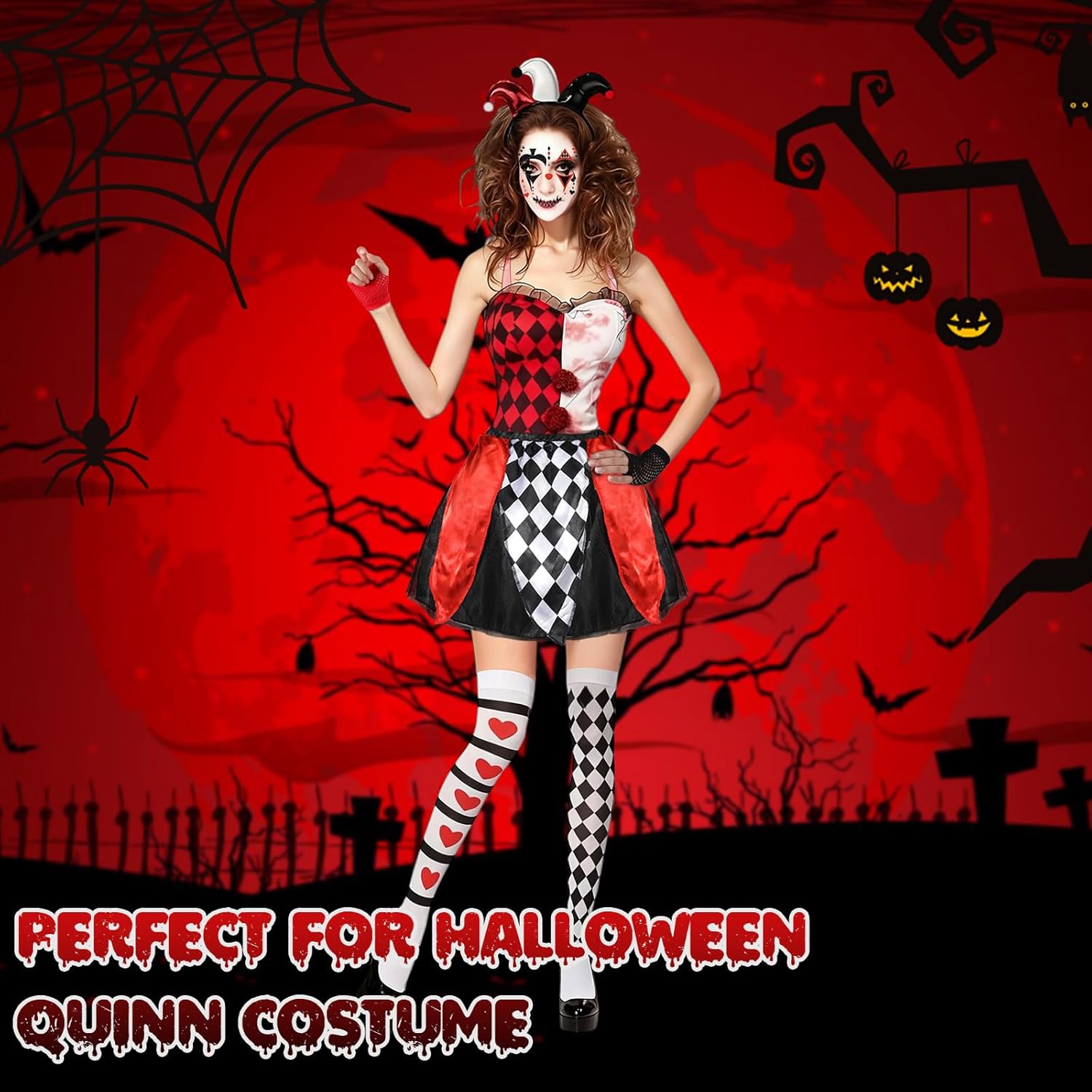 Déguisement clown femme Halloween 5 pièces arlequin avec tutu et strass visage – Image 6
