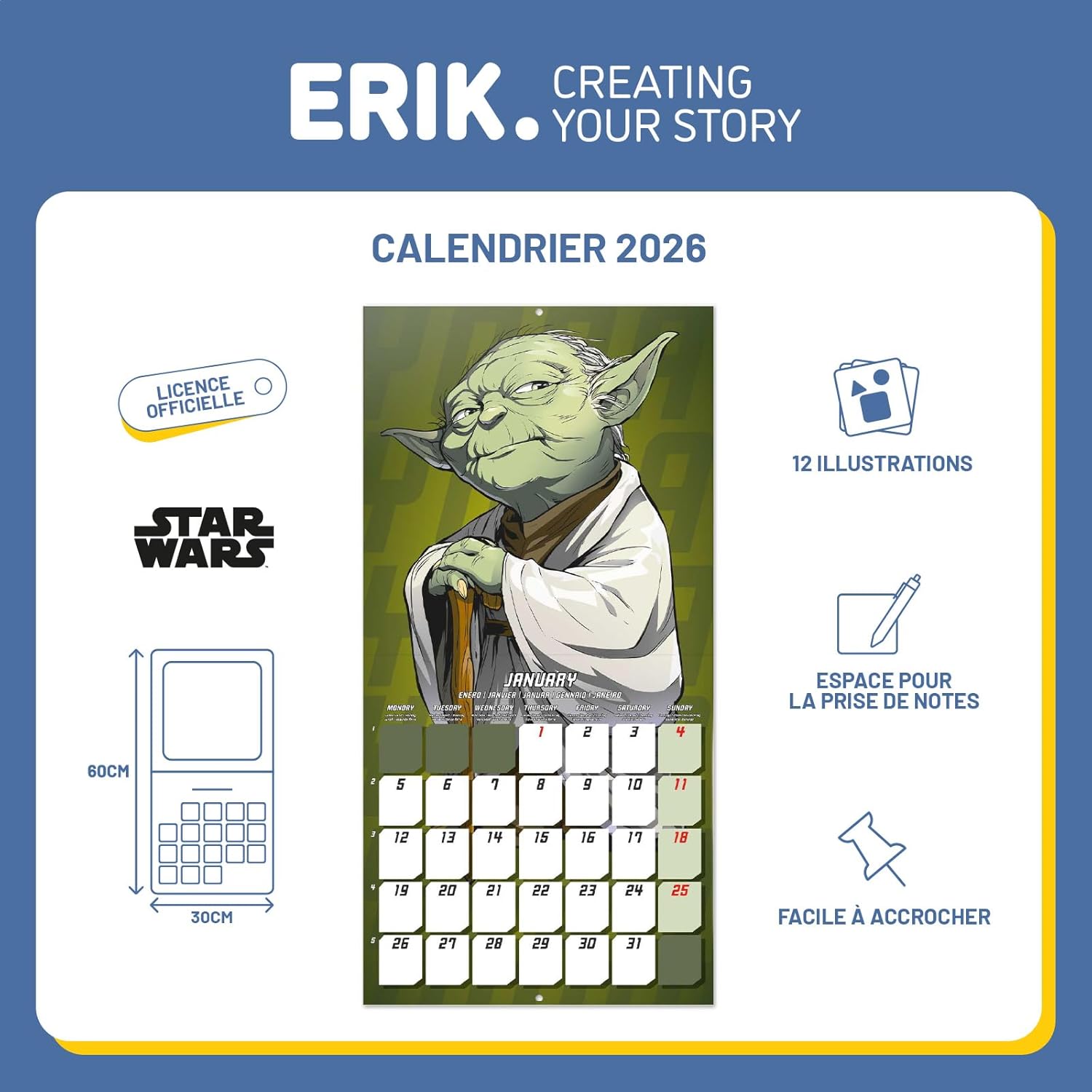 Calendrier mural mensuel Star Wars 2026 30x60cm – Image 3