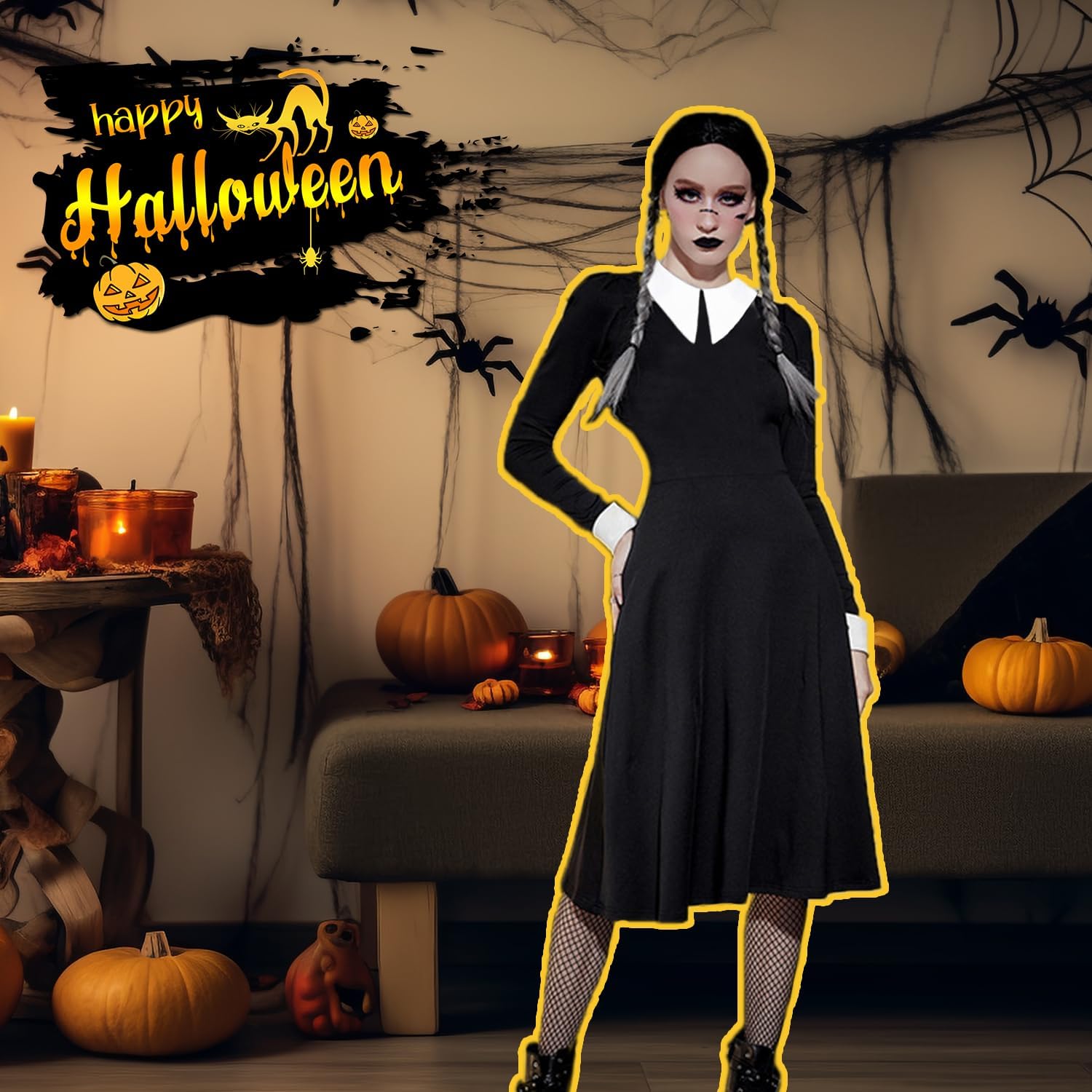 Robe noire Harley Quinn femme avec bas noirs et collier, taille L – Image 6