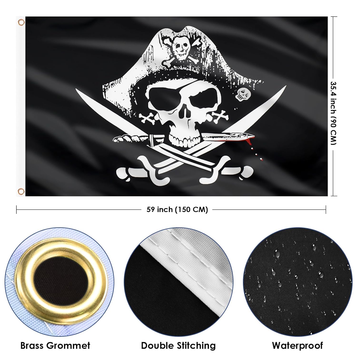 Drapeau Pirate des Caraïbes double face 90x150 cm avec 2 œillets en laiton – Image 2