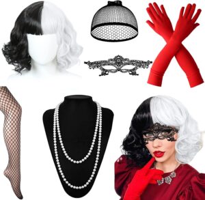 Accessoires Cruella 9 pièces noire et blanche avec perruque et masque