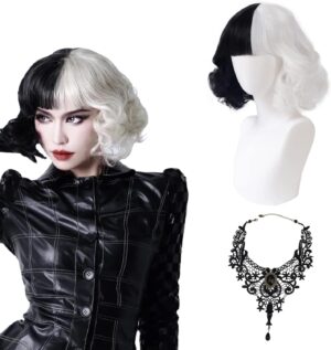 Perruque courte noire et blanche Cruella d'Enfer avec collier, masque, bonnet et filet