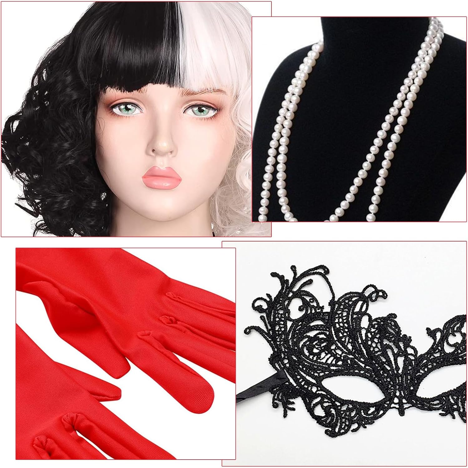 Déguisement Cruella femme 7 pièces avec perruque noir blanc – Image 7