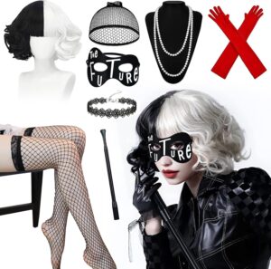 Costume Cruella avec perruque courte noire et blanche, masque en dentelle et accessoires