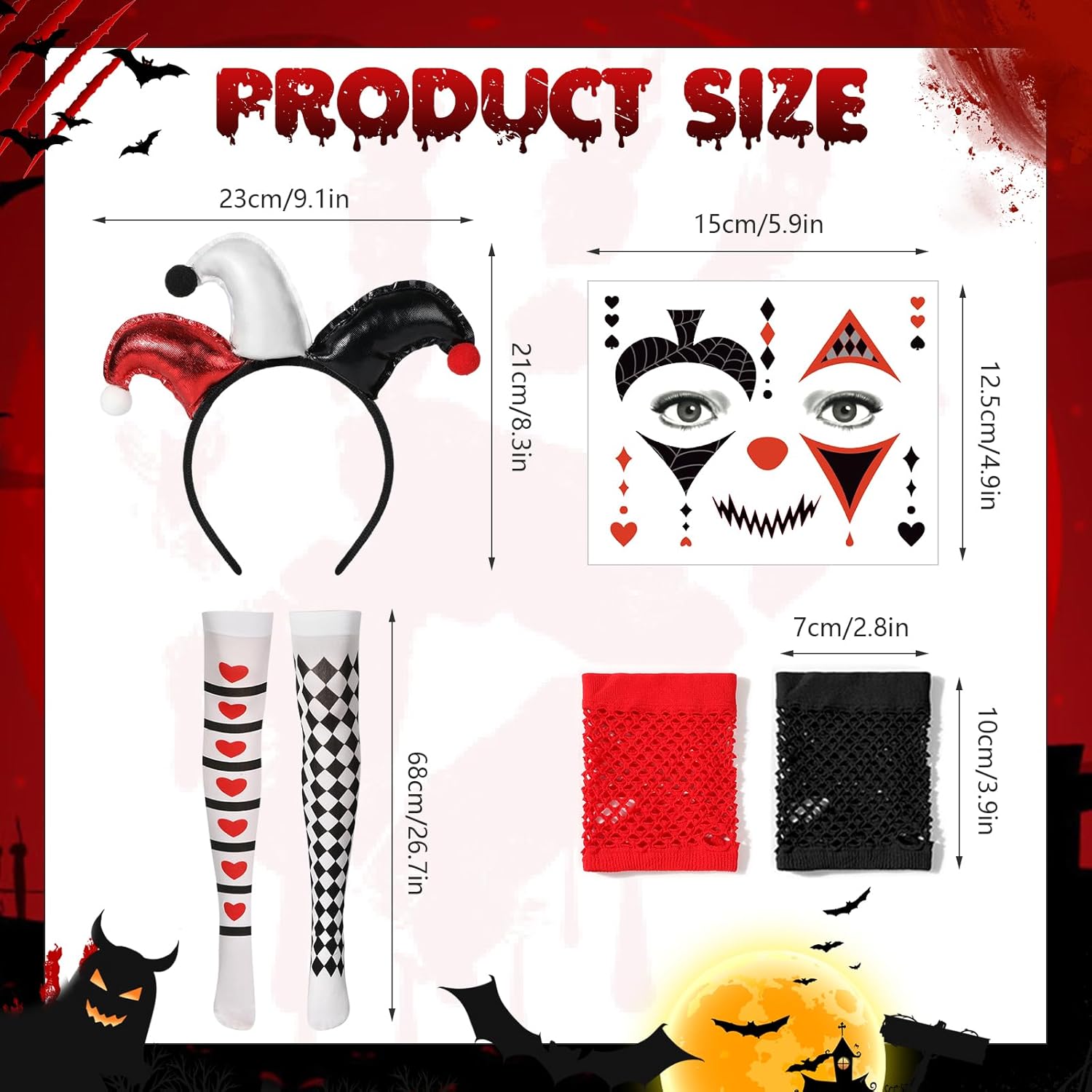 Déguisement clown femme Halloween 5 pièces arlequin avec tutu et strass visage – Image 2
