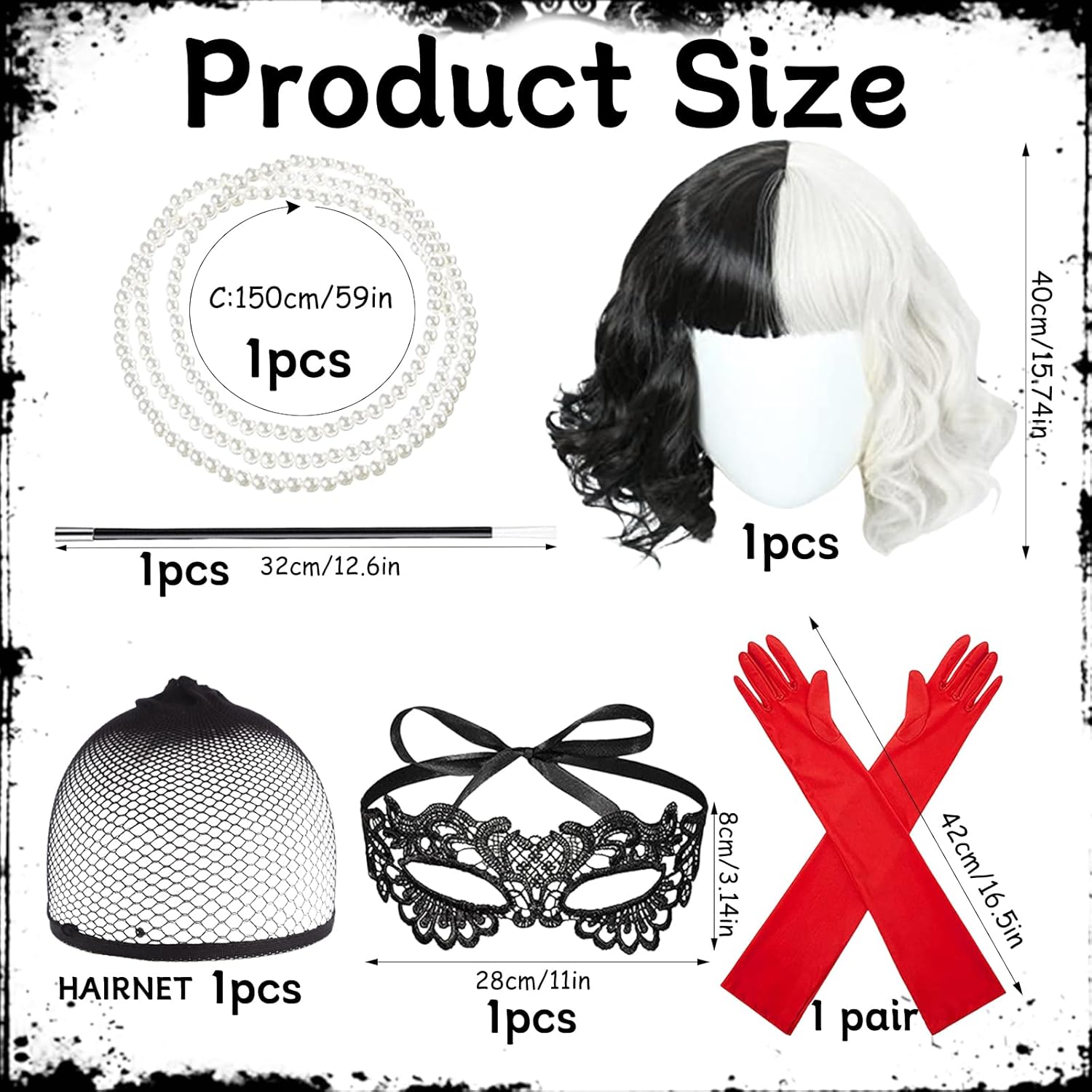 Perruque Cruella noire et blanche avec masque en dentelle et gants – Image 2