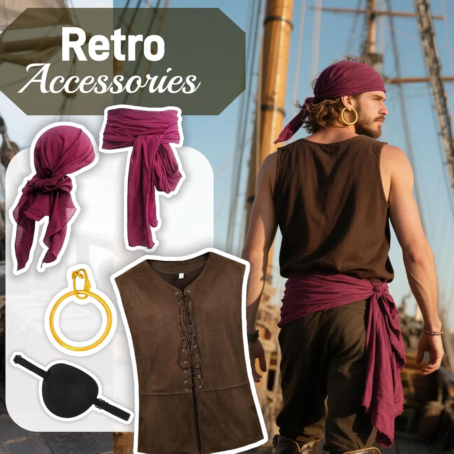 Costume de pirate homme style Renaissance avec gilet rétro et accessoires – Image 4