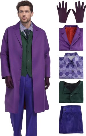 Joker homme, costume 6 pièces avec manteau violet